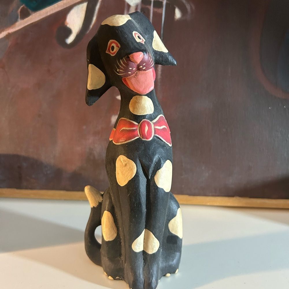 Handcrafted Handpainted Black and Cream Polka Dot Dog Figurine Indonesia